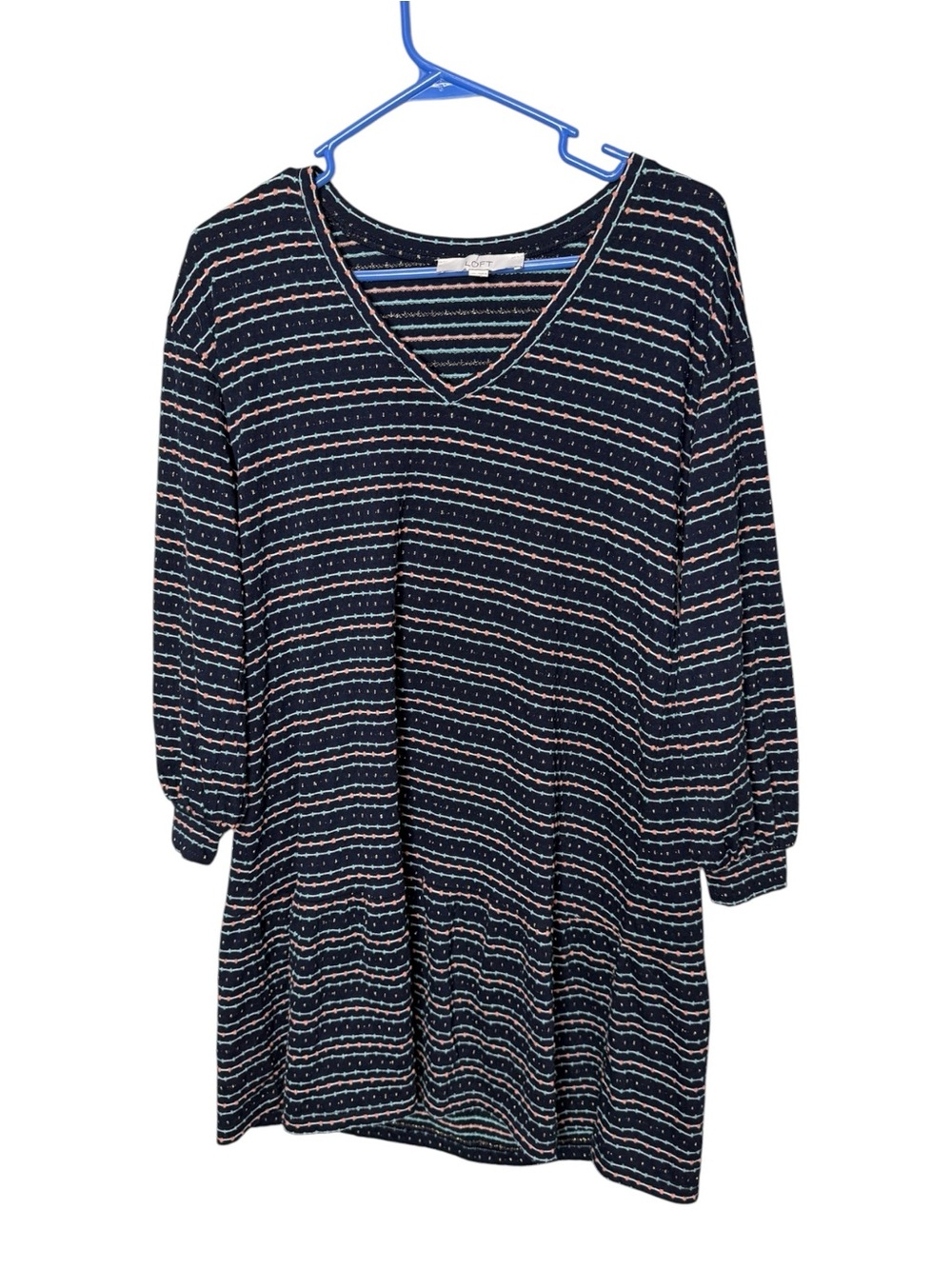 LOFT Navy Blue Striped Metallic Lurex Knit V-Neck Tiered Tunic Mini Dress XS